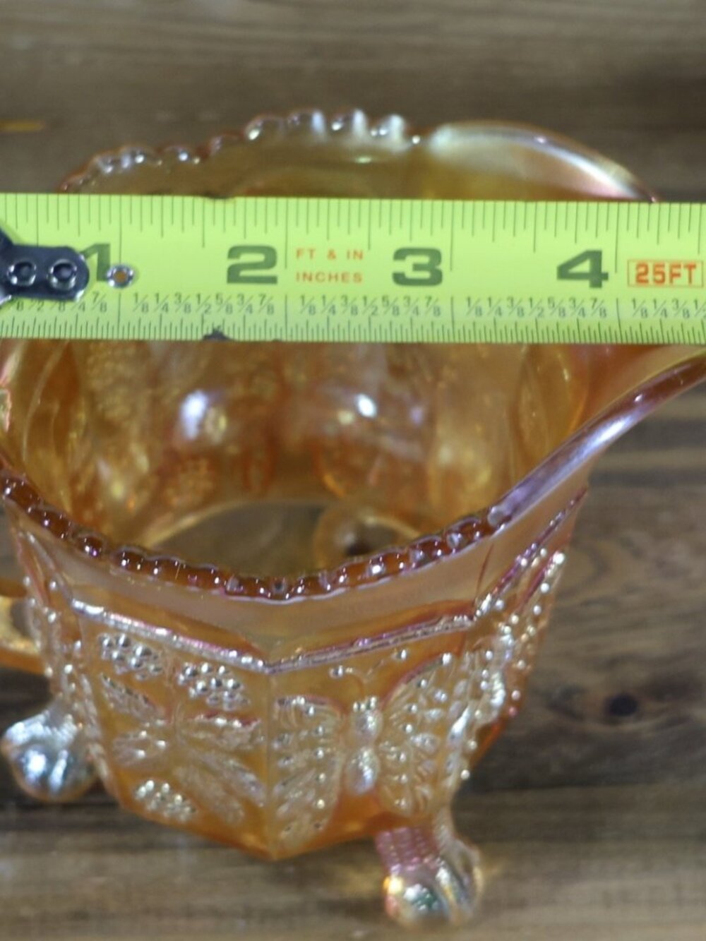Vintage Fenton Glass Amber Creamer Pitcher Marigold Carnival Glass butterfly 5" - Picture 4 of 4